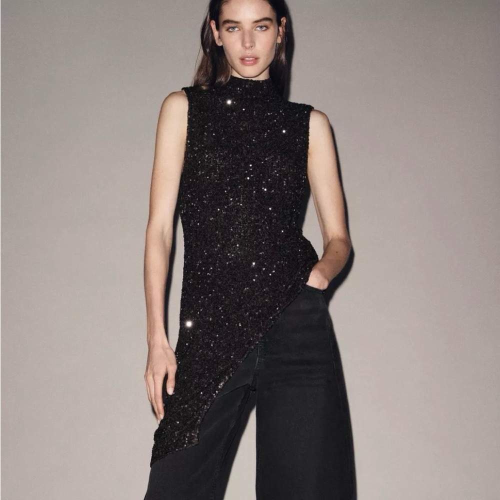 NWT Zara ZW Collection Asymmetrical Sequin Top Small